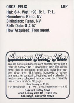 1983 Baseball Hobby News Las Vegas Stars #NNO Felix Oroz Back