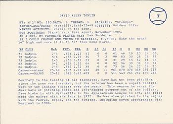 1987 Indianapolis Indians #7 Dave Tomlin Back
