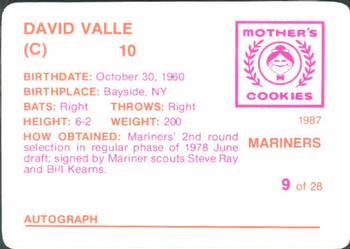1987 Mother's Cookies Seattle Mariners #9 Dave Valle Back