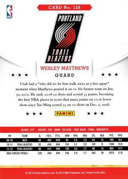 2012-13 Hoops #126 Wesley Matthews Back