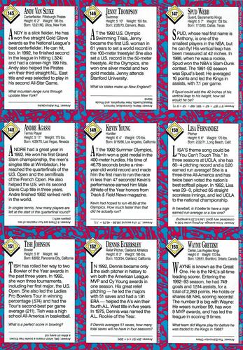 1993 Sports Illustrated for Kids - Original 9-Card Sheets #145-153 Andy Van Slyke / Jenny Thompson / Spud Webb / Andre Agassi / Kevin Young / Lisa Fernandez / Tish Johnson / Dennis Eckersley / Wayne Gretzky Back