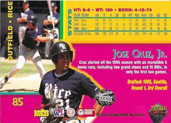 1995 Signature Rookies Tetrad Autobilia - Autographs #85 Jose Cruz, Jr. Back