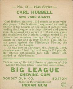 1934 Goudey (R320) #12 Carl Hubbell Back