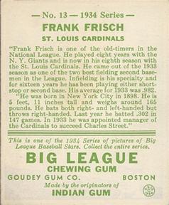 1934 Goudey (R320) #13 Frankie Frisch Back