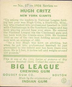 1934 Goudey (R320) #17 Hugh Critz Back
