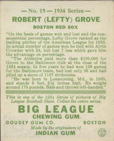 1934 Goudey (R320) #19 Lefty Grove Back