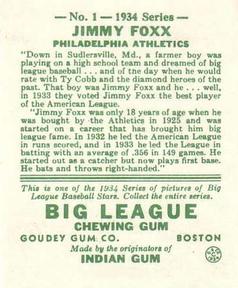 1934 Goudey (R320) #1 Jimmie Foxx Back