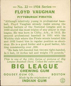1934 Goudey (R320) #22 Arky Vaughan Back