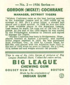 1934 Goudey (R320) #2 Mickey Cochrane Back