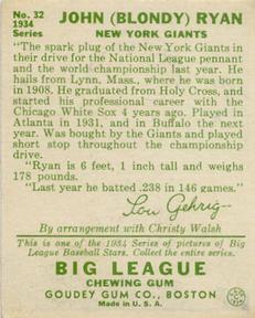1934 Goudey (R320) #32 Blondy Ryan Back