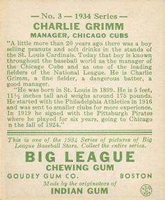 1934 Goudey (R320) #3 Charlie Grimm Back