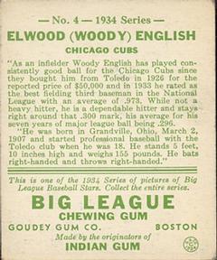 1934 Goudey (R320) #4 Woody English Back