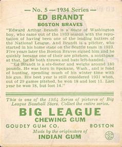1934 Goudey (R320) #5 Ed Brandt Back