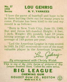 1934 Goudey (R320) #37 Lou Gehrig Back