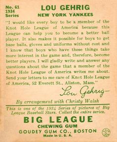 1934 Goudey (R320) #61 Lou Gehrig Back