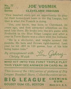 1934 Goudey (R320) #77 Joe Vosmik Back