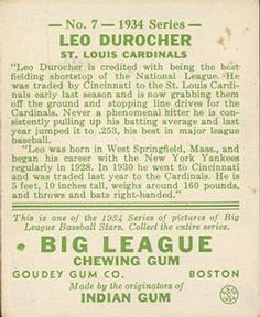 1934 Goudey (R320) #7 Leo Durocher Back
