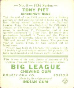 1934 Goudey (R320) #8 Tony Piet Back
