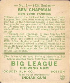 1934 Goudey (R320) #9 Ben Chapman Back