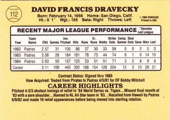 1985 Donruss #112 Dave Dravecky Back