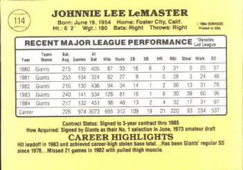 1985 Donruss #114 Johnnie LeMaster Back