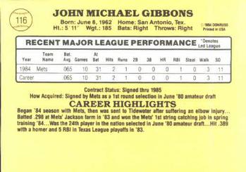 1985 Donruss #116 John Gibbons Back