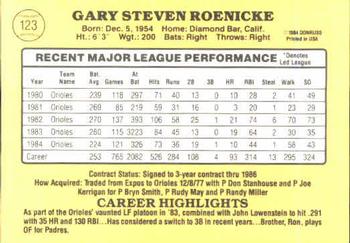 1985 Donruss #123 Gary Roenicke Back