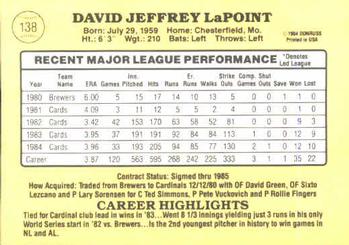 1985 Donruss #138 Dave LaPoint Back