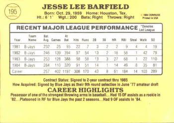 1985 Donruss #195 Jesse Barfield Back