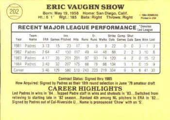 1985 Donruss #202 Eric Show Back