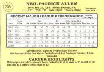 1985 Donruss #205 Neil Allen Back