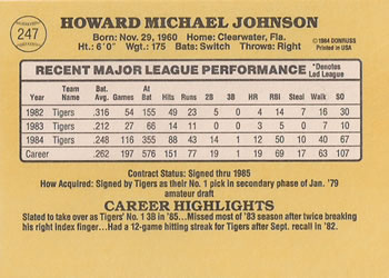 1985 Donruss #247 Howard Johnson Back