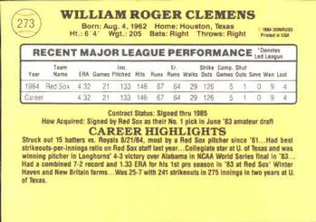1985 Donruss #273 Roger Clemens Back