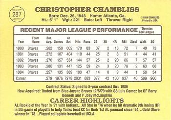 1985 Donruss #287 Chris Chambliss Back