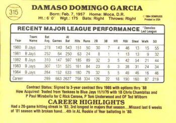 1985 Donruss #315 Damaso Garcia Back