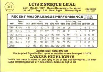 1985 Donruss #317 Luis Leal Back