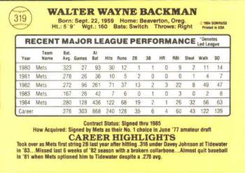 1985 Donruss #319 Wally Backman Back