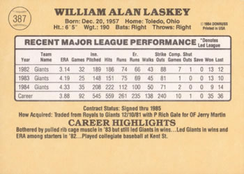 1985 Donruss #387 Bill Laskey Back
