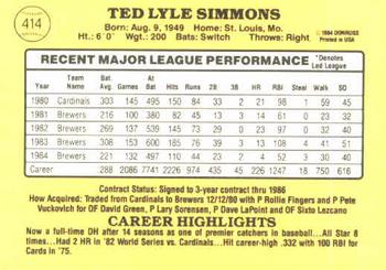 1985 Donruss #414 Ted Simmons Back
