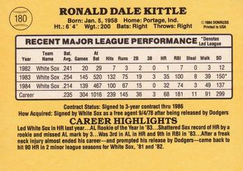 1985 Donruss #180 Ron Kittle Back