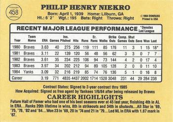 1985 Donruss #458 Phil Niekro Back