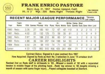 1985 Donruss #550 Frank Pastore Back