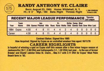 1985 Donruss #575 Randy St. Claire Back