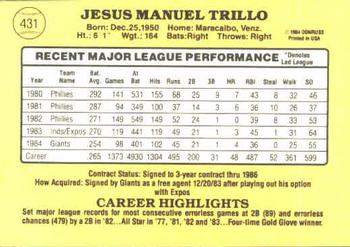 1985 Donruss #431 Manny Trillo Back