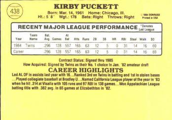 1985 Donruss #438 Kirby Puckett Back