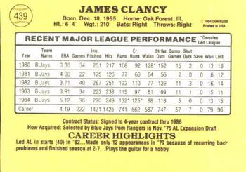 1985 Donruss #439 Jim Clancy Back