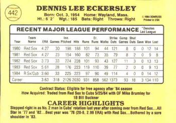 1985 Donruss #442 Dennis Eckersley Back