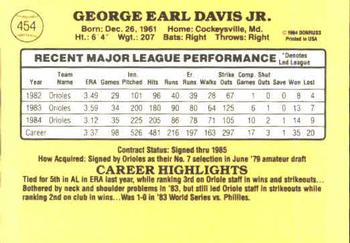 1985 Donruss #454 Storm Davis Back