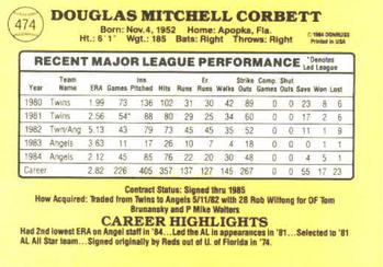 1985 Donruss #474 Doug Corbett Back