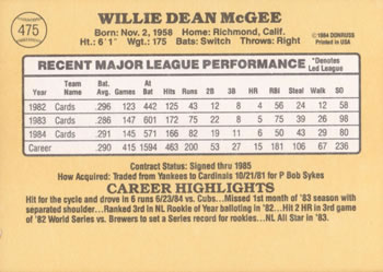 1985 Donruss #475 Willie McGee Back